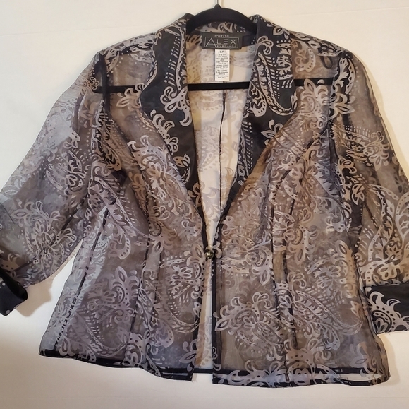 Alex evening cover up in sheer glamour petite Large black and silver gray. - Picture 1 of 8